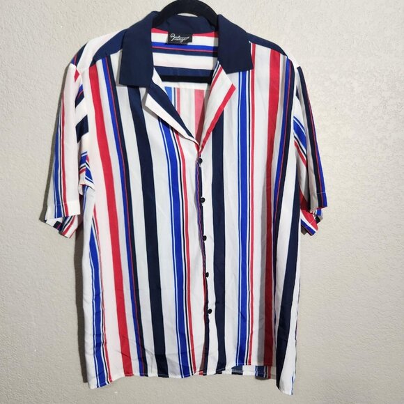 Reclaimed Vintage Shirt Mens Medium Red White Blue Striped Button Up Retro UK - Picture 1 of 10
